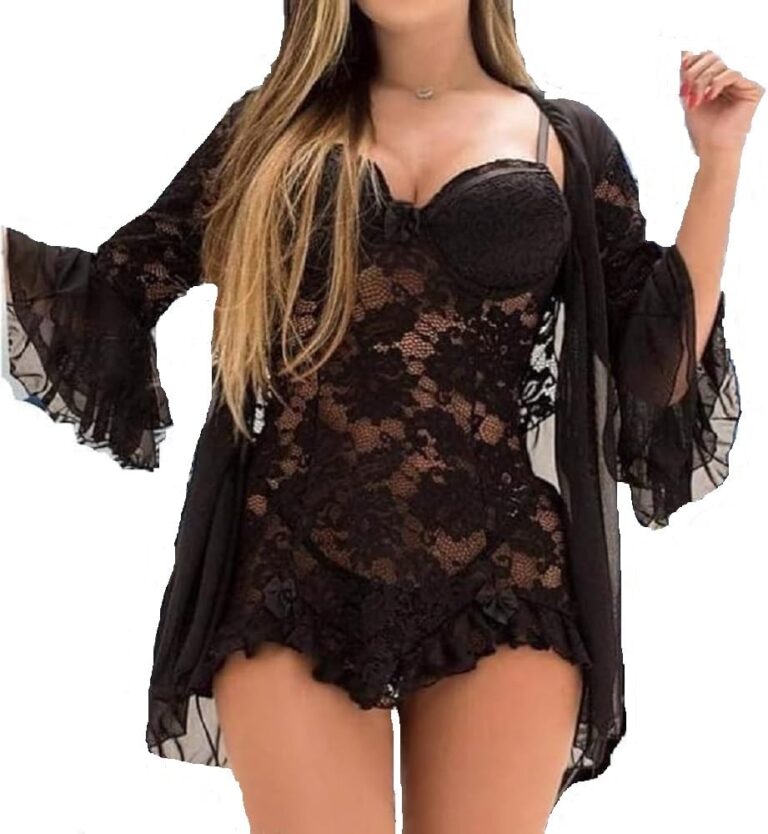 لانجيري سكسى لانجرى مثير ساخن مع روب باكمام واسعه من الاسفل مزخرف بورود لاطلاله ساحره بيبى دول قصير شفاف قميص نوم حريمى من Four H كود 009