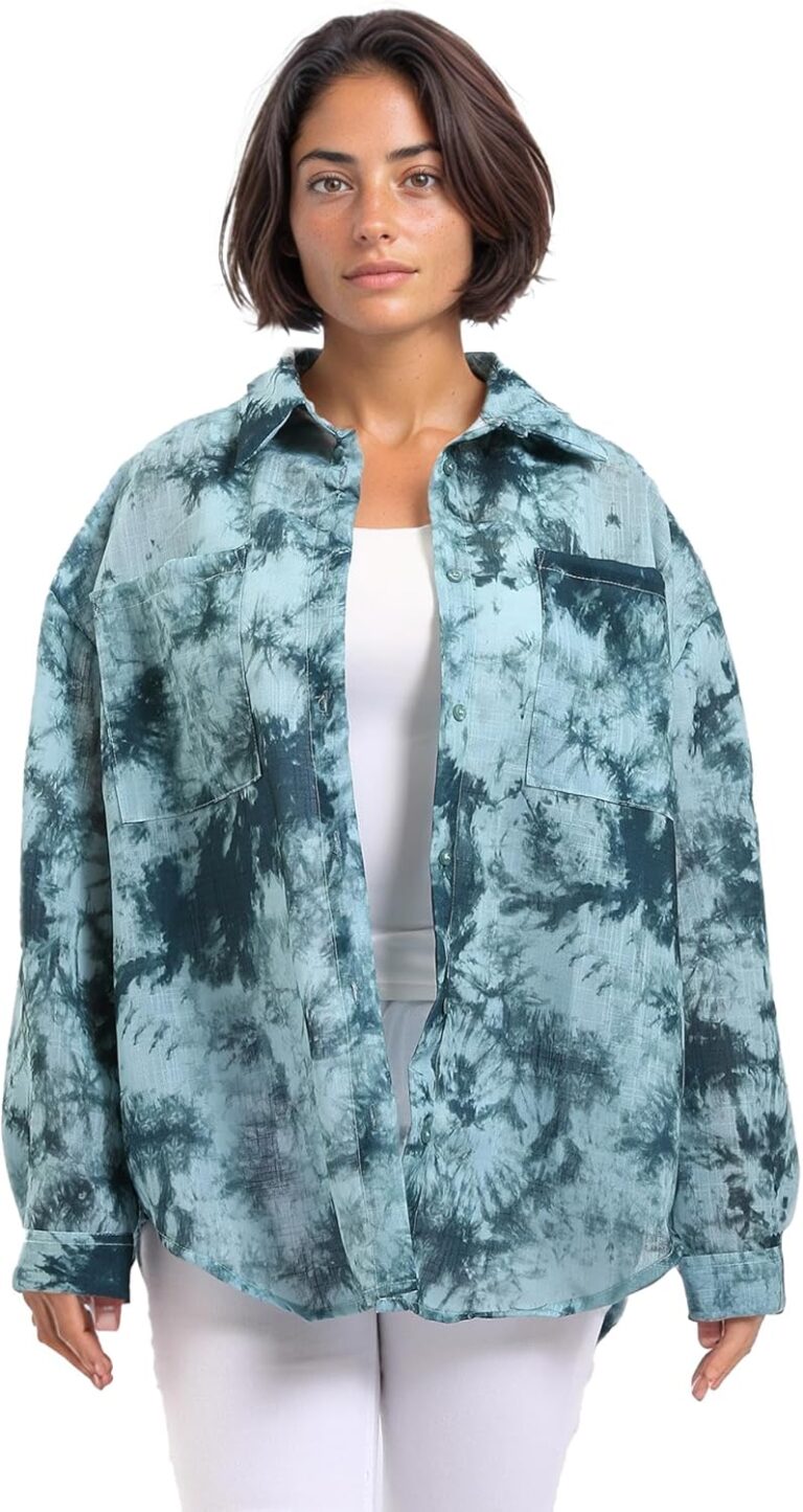 Dsisskai Womens Long Sleeve Shirt Long Sleeves Tie Dye Relaxed Shirt - Forest Green