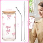 أكواب زجاجية لطيفة على شكل فيونكة وردي مع أغطية وشفاطات من انابيوب، كوب قهوة مثلج جمالي، بتصميم بريبي للفتيات المراهقات والنساء والصديقات - الصورة 4
