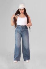 ⁦بنطلون جينز بأرجل واسعة للنساء، أزرق غامق⁩ - الصورة ⁦3⁩