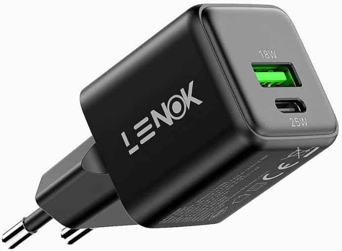 شاحن حائط بمنفذين USB C PD/PPS للشحن السريع بقدرة 25 وات من لينوك لموبايل سامسونج جالاكسي S24/S23/S22+/S21 الترا/بلس/ S20/ نوت 20/ زد فولد 5 (أسود)