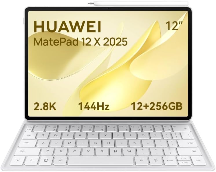 تابلت هواوي ميت باد 12X 2025، 12 بوصة 2.8K و1000 نيتس، 144 هرتز، 12+256 جيجا، بطارية 10100 مللي امبير في الساعة، 66 وات وواي فاي 7، WPS اوفيس، 6 مكبرات صوت، لوحة مفاتيح، قلم ام برو مجانًا، لون أبيض