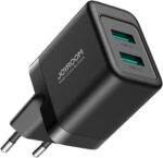 ⁦شاحن حائط JR-TCN01 بقدرة 12 واط للشحن السريع مزود بمنفذين USB نوع A بتصميم صغير مناسب للسفر من جوي روم، أسود⁩ - الصورة ⁦3⁩