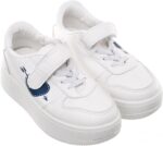 99.99 Kids' Leather Sneakers with Hook-and-Loop Closure and Chunky Sole (White/Navy, 31)