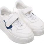 99.99 Kids' Leather Sneakers with Hook-and-Loop Closure and Chunky Sole (White/Navy, 31)