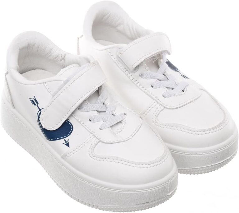 99.99 Kids' Leather Sneakers with Hook-and-Loop Closure and Chunky Sole (White/Navy, 31)