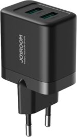 ⁦شاحن حائط JR-TCN01 بقدرة 12 واط للشحن السريع مزود بمنفذين USB نوع A بتصميم صغير مناسب للسفر من جوي روم، أسود⁩ - الصورة ⁦2⁩