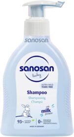 sanosan baby shampoo for daily newborn and baby care Cleansing and Lightening Baby 0% parabens, silicones, paraffins, SLS/SLES, phenoxyethanol 200 ml made in Germany