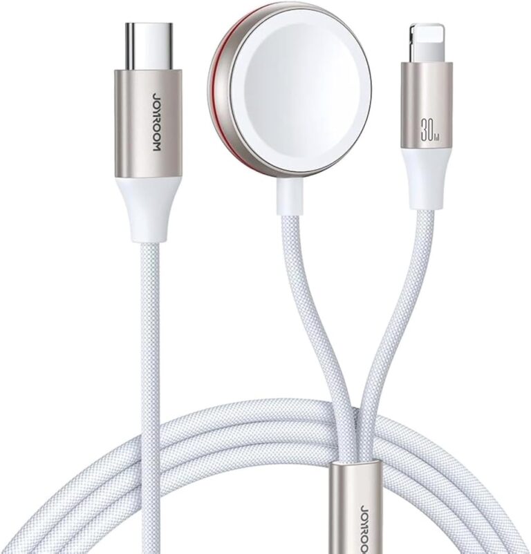 شاحن مغناطيسي 2 في 1 S-IW012 لساعة اي بي من جوي روم + كابل شحن سريع 30 وات - USB-C - 1.5 متر - ابيض، لهاتف ذكي