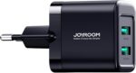 شاحن حائط JR-TCN01 بقدرة 12 واط للشحن السريع مزود بمنفذين USB نوع A بتصميم صغير مناسب للسفر من جوي روم، أسود