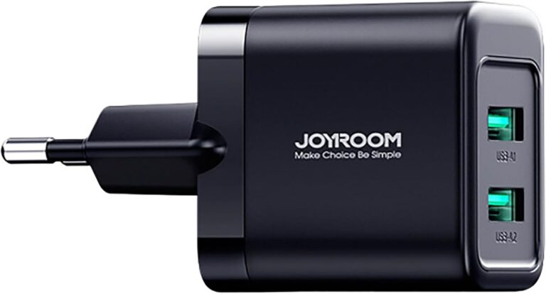 شاحن حائط JR-TCN01 بقدرة 12 واط للشحن السريع مزود بمنفذين USB نوع A بتصميم صغير مناسب للسفر من جوي روم، أسود