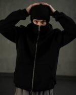 ⁦هودي الشبح القطني بسحاب كامل لتغطية الوجه من ميزة – تصميم سادة، بطانة ناعمة، مقاوم للوبر والانكماش، مثالي للتخفي والطقس البارد، للرجال والنساء⁩ - الصورة ⁦6⁩