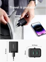 ⁦شاحن حائط JR-TCN01 بقدرة 12 واط للشحن السريع مزود بمنفذين USB نوع A بتصميم صغير مناسب للسفر من جوي روم، أسود⁩ - الصورة ⁦4⁩