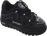 ⁦99.99 Boys' Leather and Canvas Lace-Up Sneakers with Chunky Sole and 'Sport' Lettering (Black/White, 31)⁩ - الصورة ⁦2⁩