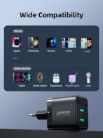 ⁦شاحن حائط JR-TCN01 بقدرة 12 واط للشحن السريع مزود بمنفذين USB نوع A بتصميم صغير مناسب للسفر من جوي روم، أسود⁩ - الصورة ⁦6⁩