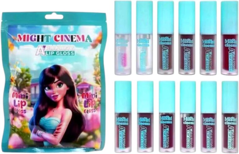 Might Cinema مجموعة ملمعات الشفاه، ١٢ قطعة، عبوة تجميلية، مع غطاء أزرق فيروزي