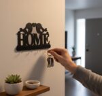 ⁦علاقة مفاتيح حائط ديكور خشب MDF من HFR Artech تصميم Homeمع عصافير الحب مزودة بـ 4 خطافات مقاس 25×15 سم تعليق سحري بلاصق دبل فيس قوي بدون مسامير أو تكسير قطعة واحدة باللون الأسود الملكي⁩ - الصورة ⁦3⁩