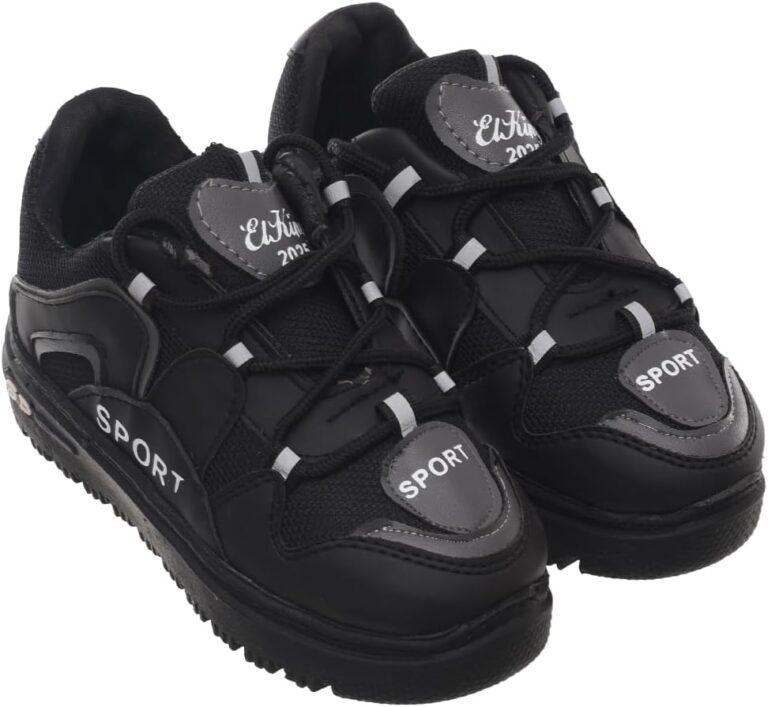 99.99 Boys' Leather and Canvas Lace-Up Sneakers with Chunky Sole and 'Sport' Lettering (Black/White, 31)