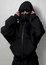 ⁦هودي الشبح القطني بسحاب كامل لتغطية الوجه من ميزة – تصميم سادة، بطانة ناعمة، مقاوم للوبر والانكماش، مثالي للتخفي والطقس البارد، للرجال والنساء⁩ - الصورة ⁦2⁩