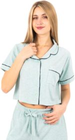 ⁦طقم بيجامة قطن كلاسيكية للنساء من زيكوتكس، توب نصف كم بأزرار وبناطيل بطول كامل، ملابس نوم صيفية ناعمة ومريحة⁩ - الصورة ⁦3⁩