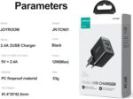 ⁦شاحن حائط JR-TCN01 بقدرة 12 واط للشحن السريع مزود بمنفذين USB نوع A بتصميم صغير مناسب للسفر من جوي روم، أسود⁩ - الصورة ⁦9⁩