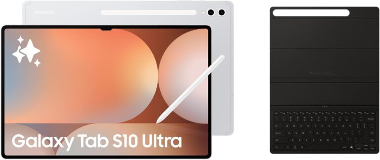 سامسونج تابلت جالكسي تاب S10 الترا بالذكاء الاصطناعي، تابلت اندرويد واي فاي، ذاكرة RAM 12GB، تخزين 256GB، شاشة اموليد، قلم S، فضي بلاتيني (اصدار المملكة العربية السعودية)+سامسونج جالكسي تاب S10 الترا بوك غطاء كيبورد رفيع، اسود