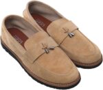 99.99 Men's Suede Slip-on Shoes with Front Metal Bit and Rubber Sole (Beige, 42)