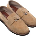 99.99 Men's Suede Slip-on Shoes with Front Metal Bit and Rubber Sole (Beige, 42)