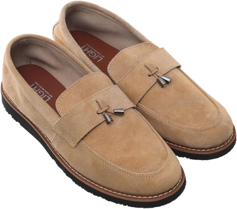 99.99 Men's Suede Slip-on Shoes with Front Metal Bit and Rubber Sole (Beige, 42)