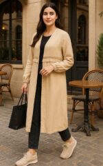 ⁦كارديجان طويل مفتوح من الامام مع تفاصيل شراشيب للنساء، بيج، مقاس واحد، كم طويل⁩ - الصورة ⁦2⁩