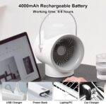 ⁦مروحة تبريد لاسلكية محمولة مكيف هواء صغيرة دوارة وهادئة قابلة لإعادة الشحن 4000 ميلي أمبير في ساعة بخاخ مزدوج لسطح المكتب ضوء ليلي مبرد مع 3 سرعات شحن من النوع سي ضوضاء منخفضة - أبيض⁩ - الصورة ⁦7⁩