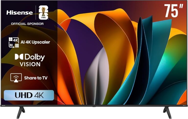 تلفزيون 75A6N ذكي 75 بوصة 4K UHD فيدا بتقنية دولبي فيجن HDR10 بلس، بالذكاء الاصطناعي 4K ووضع اللعب بلس وتقنية دي تي اس فيرشوال اكس من هايسينس، لون أسود