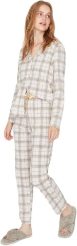 Trendyol Womens Beige Plaid Knitted Pajamas Set 100% Cotton - THMAW20PT0266 Pajama Set (pack of 1)