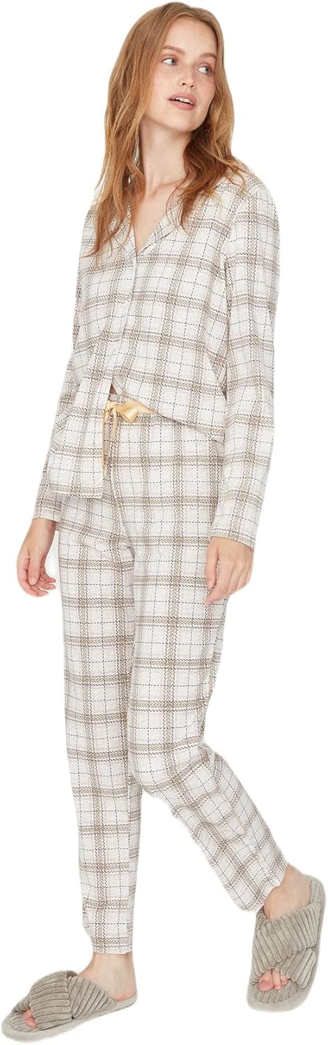 Trendyol Womens Beige Plaid Knitted Pajamas Set 100% Cotton - THMAW20PT0266 Pajama Set (pack of 1)