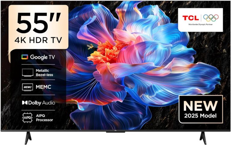 TCL تلفزيون ذكي P6K LED 4K UHD HDR مقاس 55 بوصة | تلفزيون جوجل، 60 هرتز، HDR 10، معالج AiPQ، صوت دولبي، ام اي ام سي، HDMI 2.1، بلوتوث 5.2، واي فاي 5، تصميم بدون حواف (55P6K - موديل 2025)