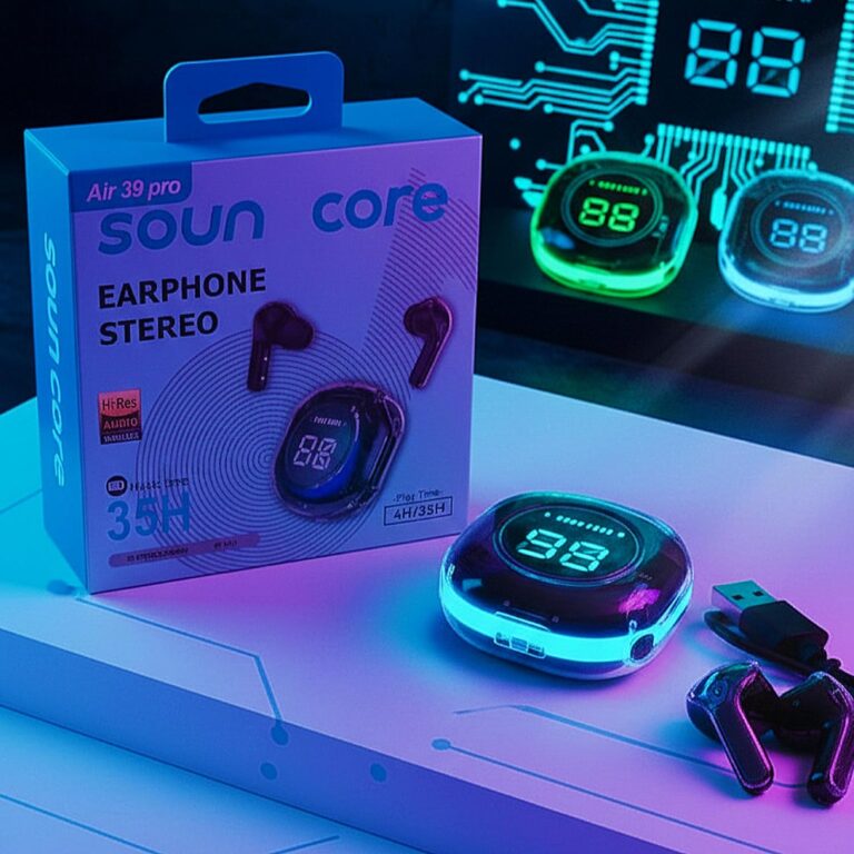 سماعة أذن لاسلكية بلوتوث Air39 Pro or Air31 Pro ، علبة شحن شفافة مضيئة، شاشة رقمية LED ملونة، تقنية V5.3، أسود أو أبيض ، متعدد الألوان