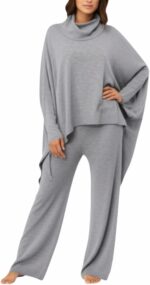 بيجامة نسائية قطن، طقم بيجاما بياقة عالية، رمادي، بنطلون واسع وبلوزة فضفاضة