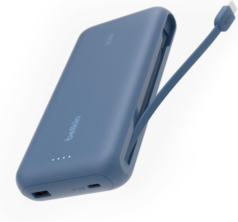 بلكن شاحن محمول، باور بانك مع كابل مدمج 20 كيلو بي دي 30 واط - شحن سريع USB نوع سي، شاحن محمول لسلسلة ايفون 16 وايباد برو وسلسلة جالكسي S25 والمزيد - ازرق