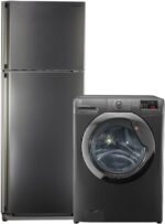 مجموعة أدوات منزلية من العربي (Sharp SJ-48C(ST)، ثلاجة ببابين بخاصية إذابة الثلج (نو فروست) من الستانلس ستيل - 340 لتر وغسالة هوفر اوتوماتيك بالكامل 7 كيلوجرام، لون فضي H3WS173DC3R-ELA)
