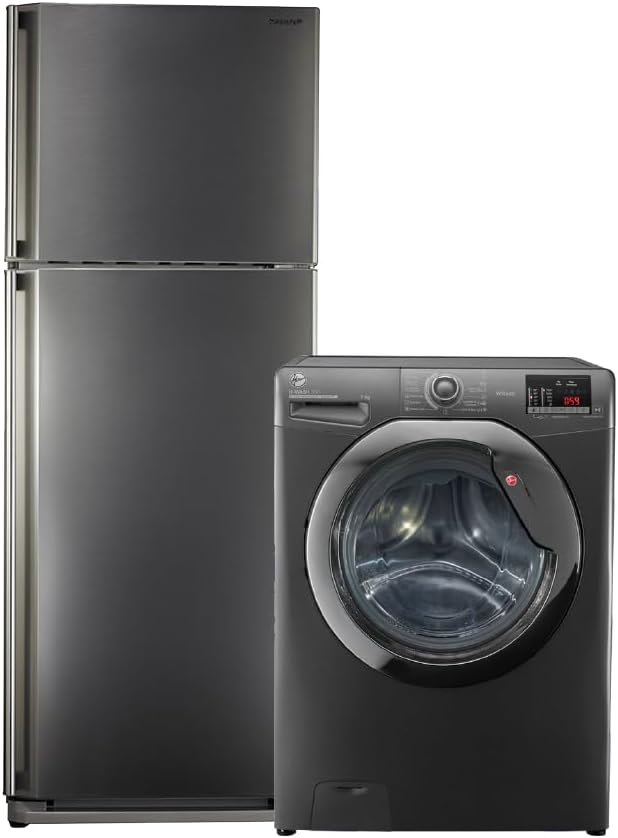 مجموعة أدوات منزلية من العربي (Sharp SJ-48C(ST)، ثلاجة ببابين بخاصية إذابة الثلج (نو فروست) من الستانلس ستيل - 340 لتر وغسالة هوفر اوتوماتيك بالكامل 7 كيلوجرام، لون فضي H3WS173DC3R-ELA)