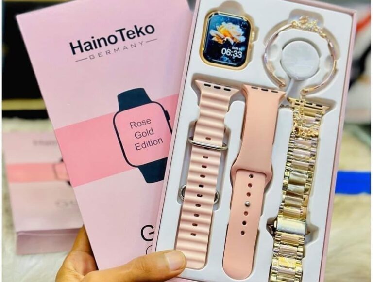 ساعه ذكيه هاينو تيكو G9mini – بلون روز جولد للنساء مع ثلاث مجموعات من الأساور وسوار أنيق هاينو تيكو لون ذهبي بشاشة AMOLED، مكالمات بلوتوث، تتبع اللياقة والصحة