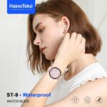 ساعة ذكية ST 9 مقاومة للماء مع سماعة أذن ذهبية مع 3 أزواج سوار وشاحن لاسلكي للسيدات، ساعة ذكية دائرية للنساء من هاينتيكو
