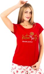 ⁦Women's Cotton Pajama Set with Embroidered Top | Casual Sleepwear with Floral Printed Pants | Soft & Comfy Loungewear⁩ - الصورة ⁦3⁩