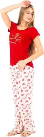 ⁦Women's Cotton Pajama Set with Embroidered Top | Casual Sleepwear with Floral Printed Pants | Soft & Comfy Loungewear⁩ - الصورة ⁦5⁩