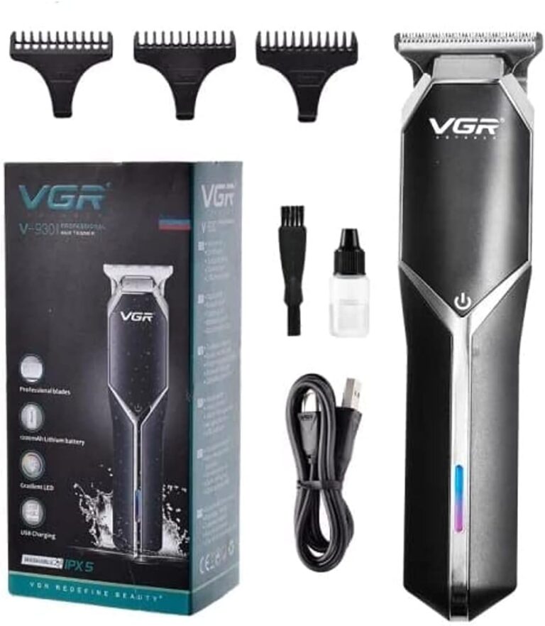 ماكينة حلاقة شعر V-930 احترافية لاسلكية قابلة لإعادة الشحن مع كابل شحن USB من في جي ار، ماكينة بمؤشر ليد متدرج وشفرات احترافية وبطارية بقدرة 1200 مللي امبير و3 أمشاط بوقت التشغيل 180 دقيقة، أسود