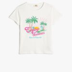 KOTON Girls Summer Themed Short Sleeve Crew Neck Tshirt