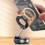 ⁦حامل موبايل للسياره مغناطيسي دوار 360 درجة،بقاعدة لاصقة، معدني، تصميم قابل للطي والتعديل،بقاعدة شفط بدون استخدام اليدين،حامل موبايل للسيارة بحجم الجيب متوافق مع جميع الموبايلات وجميع موديلات السيارات⁩ - الصورة ⁦2⁩