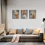 ⁦تابلوه كانفس مطبوع بتصميم تجريدي مودرن بصورة اوراق اشجار بنمط انيق لديكور حائط غرفة المعيشة وغرفة النوم والحمام والمطبخ والمكتب ديكور منزلي يعلق على الحائط 3 قطع، متعدد الألوان⁩ - الصورة ⁦3⁩