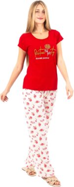 ⁦Women's Cotton Pajama Set with Embroidered Top | Casual Sleepwear with Floral Printed Pants | Soft & Comfy Loungewear⁩ - الصورة ⁦2⁩