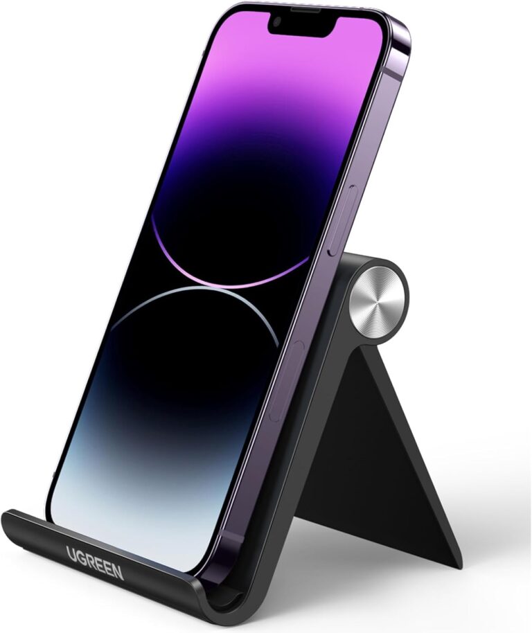 حامل موبايل للمكتب قابل للتعديل من يوجرين، متوافق مع ايفون 13 12 برو ماكس 11 SE XS XR و8 بلس 6 7 وسامسونج جالاكسي نوت 20 S20 S10 S9 S8 اندرويد منصة هاتف ذكي قابلة للطي لون اسود، بلاستيك